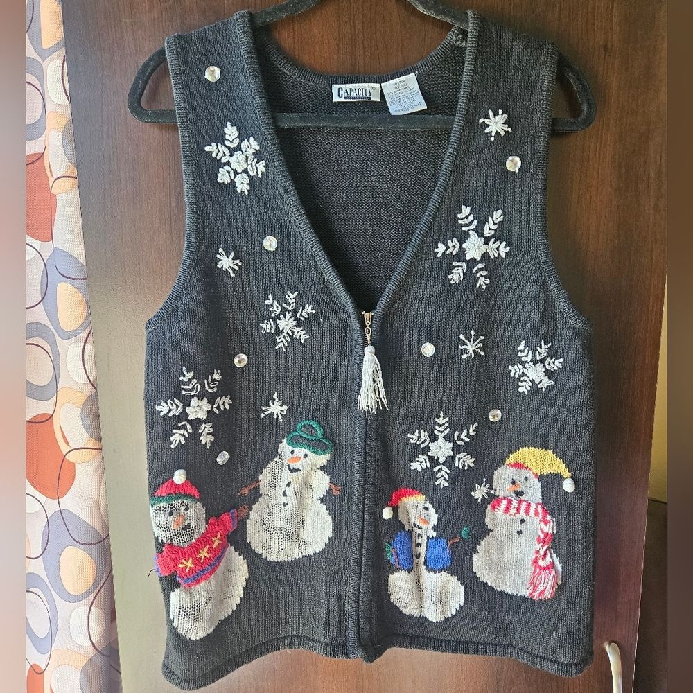 Capacity Vintage Black Snowman Knit Vest With Zipper Size Medium
